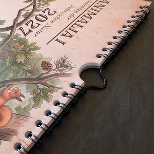 Op de afbeelding: Een wandkalender voor 2027 met de titel ANIMALIA Architekten der heimischen Natur, voorzien van een vintage-stijl illustratie van een eekhoorn in een eikenboom. De kalender is ingebonden met een zwarte draadspiraal en een metalen ophanghaak.