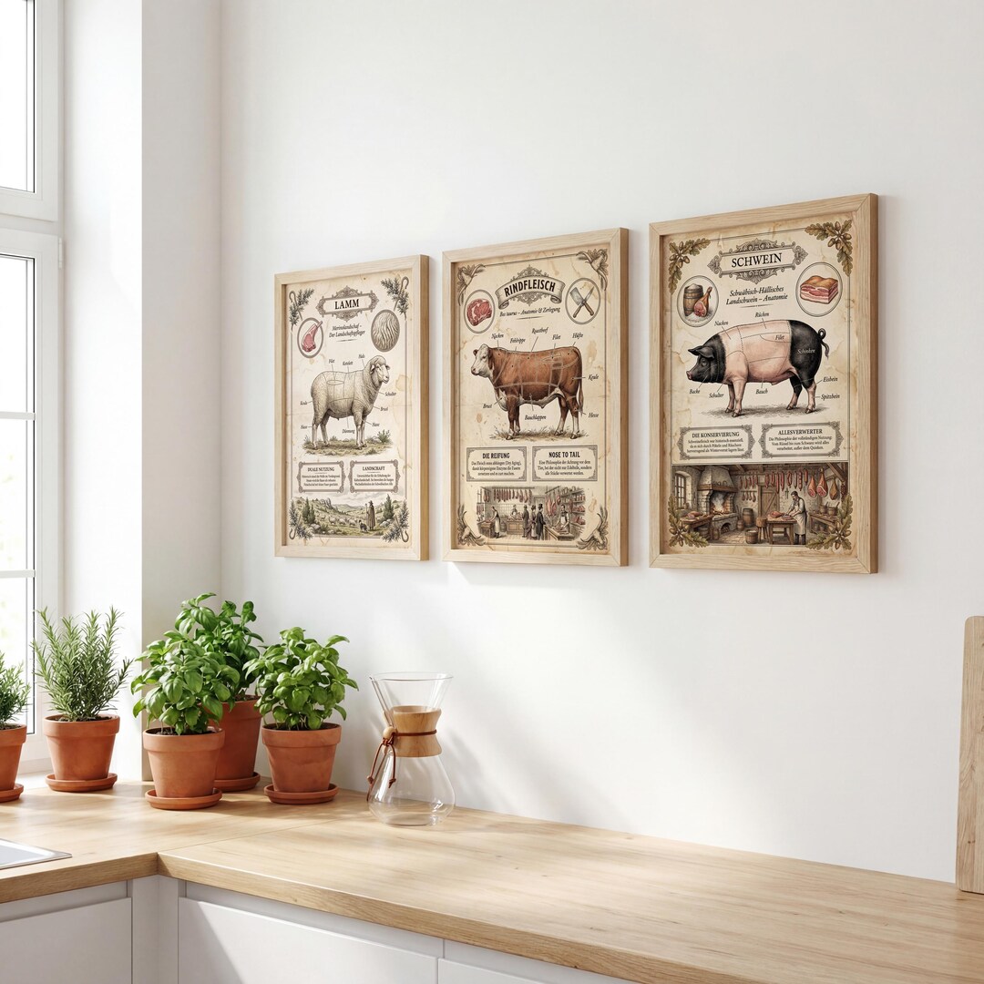 Butcher Shop Poster Set | Pork, Beef, Lamb | Kitchen Wall Art | Butcher ...