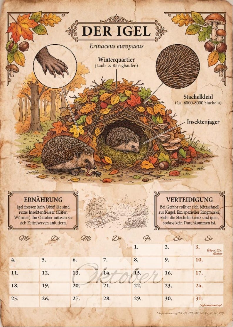 Op de afbeelding: Een vintage-stijl oktober kalenderblad getiteld DER IGEL met illustraties van egels in een bladerhoop, een detailweergave van een poot en stekels, en tekstblokken over hun dieet en verdedigingsmechanismen op een achtergrond van perkament.
