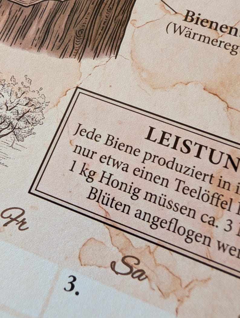 Op de afbeelding: Een beige papieren document met een vintage, gevlekte textuur en zwarte Duitse tekst. Een rechthoekig kader bevat de tekst: LEISTUNG Jede Biene produziert in ihrem Leben nur etwa einen Teel&ouml;ffel Honig. F&uuml;r 1 kg Honig m&uuml;ssen ca. 3 Millionen Bl&uuml;ten angeflogen werden.