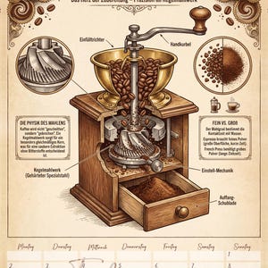 以下が含まれることがあります： コーヒーグラインダーのイラスト図で、内部のコンポーネントと機能を説明しています。画像にはドイツ語のテキスト、コーヒーかすの図、2月のカレンダーが含まれています。