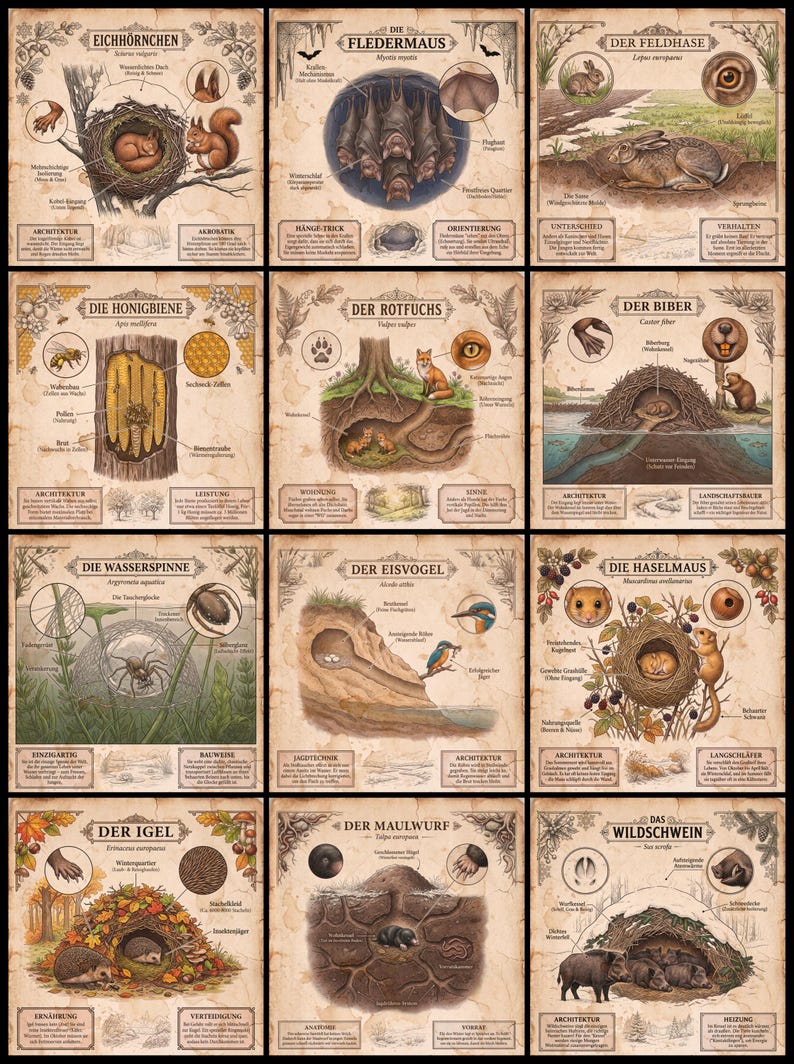 Op de afbeelding: Een verzameling van twaalf educatieve posters met gedetailleerde illustraties van dieren, waaronder eekhoorns, vleermuizen, hazen, bijen, vossen, bevers, waterspinnen, ijsvogels, hazelmuizen, egels, mollen en wilde zwijnen met Duitse teksten.