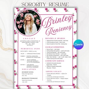 Plantilla de currículum de hermandad con estilo chinoiserie floral rosa, carta de presentación para reclutamiento de hermandad, paquete Greek Life Rush, diseño de Canva con foto.
