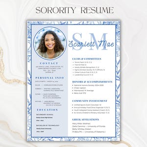 Plantilla de currículum y carta de presentación para la Blue Sorority Rush / Diseño Canva editable con foto / Paquete de reclutamiento para hermandades / Descarga digital