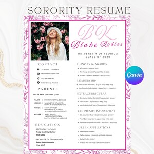 Plantilla editable de currículum de hermandad con estampado chinoiserie floral rosa, carta de presentación para reclutamiento de hermandad, paquete "Greek Life Rush", diseño de Canva con fotos