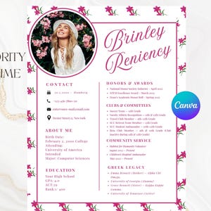Plantilla de currículum de hermandad con estilo chinoiserie floral rosa, carta de presentación para reclutamiento de hermandad, paquete Greek Life Rush, diseño de Canva con foto.