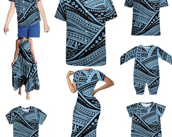 Polynesian Family Matching Outfits | BOYS shirt & GIRLS Dress | (ROMY Collection - Sky Blue)