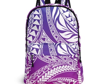 May include: A purple and white patterned backpack with a tribal design. The bag has black straps and a front pocket. The design features geometric shapes and flowing lines. Ideal for carrying books and essentials, it's a stylish accessory.