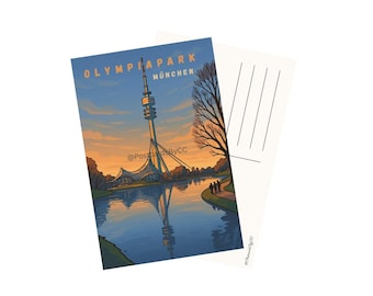 Cartoon Munich Olympiapark Postcard: Germany Travel Art (Digital Print, Instant Download)
