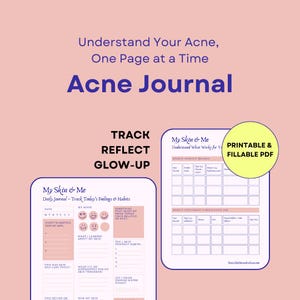 Diário de Acne para Imprimir | Rastreador de Brilho Estético em PDF | Registro de Pele e Humor + Mapa Corporal + Cartões de Hábitos | Diário Digital Preenchível