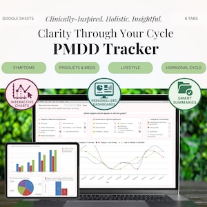 Puede incluir: Un portátil y una tableta que muestran una interfaz de seguimiento del trastorno disfórico premenstrual (TDPM). La pantalla muestra gráficos interactivos, paneles personalizados y resúmenes inteligentes. El texto incluye "Clarity Through Your Cycle" y "Google Sheets."