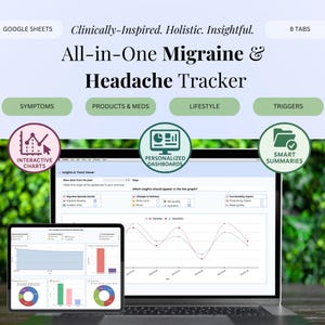 May include: A laptop and tablet display a digital migraine and headache tracker. The interface includes interactive charts, personalized dashboards, and smart summaries. The text reads "All-in-One Migraine & Headache Tracker" and "Clinically-Inspired. Holistic. Insightful."