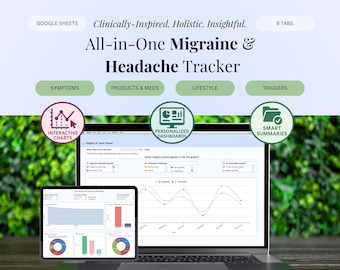 Puede incluir: Un portátil y una tableta muestran un rastreador digital de migrañas y dolores de cabeza. La interfaz incluye gráficos interactivos, paneles personalizados y resúmenes inteligentes. El texto dice "All-in-One Migraine & Headache Tracker" y "Clinically-Inspired. Holistic. Insightful."