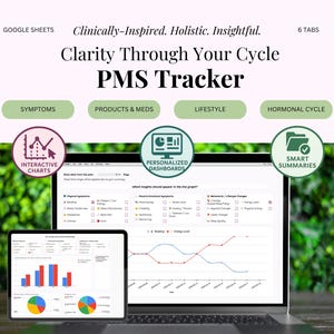 Peut inclure: Un ordinateur portable et une tablette affichant une interface de suivi du syndrome prémenstruel. L'écran affiche des graphiques et des outils d'analyse de données. Le texte à l'écran indique "Clarity Through Your Cycle PMS Tracker". L'image comprend également des icônes pour les graphiques interactifs, les tableaux de bord personnalisés et les résumés intelligents.