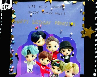 Cartão pop-up de aniversário do BTS feito à mão | Cartão de felicitações inspirado no K-pop | Presente fofo do exército | Cartão de aniversário para fãs do BTS