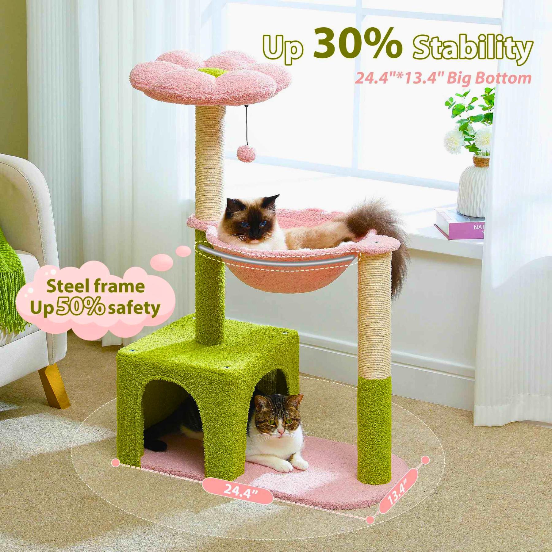Flower Cat Tree for Indoor Cats Furniture with Hammock - Perches - Scratching Posts - 2 Door Condo – Play & Rest Cute Stable - Easy to Clean