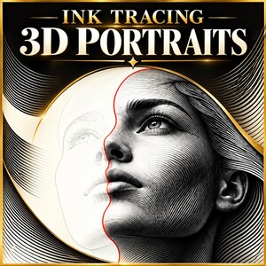 Peut inclure: Un design graphique avec le texte INK TRACING 3D PORTRAITS. L'image montre un portrait de visage divisé, avec un côté rendu en lignes d'encre noire détaillées et l'autre en contour léger, séparés par une fine ligne verticale rouge.