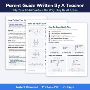 May include: A 26-page printable PDF parent guide written by a teacher, featuring instructional sheets titled How To Use This Pack, How To Help Your Child, and How To Draw Quick Pics, with maths diagrams, number lines, and regrouping examples.