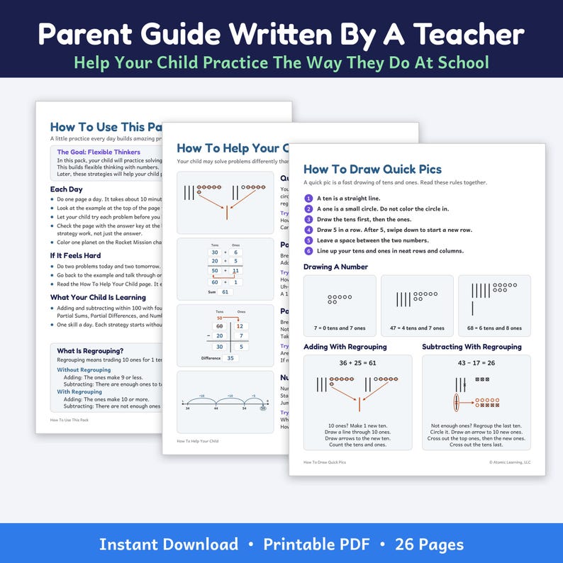 May include: A 26-page printable PDF parent guide written by a teacher, featuring instructional sheets titled How To Use This Pack, How To Help Your Child, and How To Draw Quick Pics, with maths diagrams, number lines, and regrouping examples.