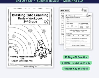May include: A 2nd Grade Review Workbook featuring 40 daily practice sheets for maths and English language arts. The cover displays a rocket ship, planets, and the text Blasting Into Learning. Includes 164 pages of printable PDF content.
