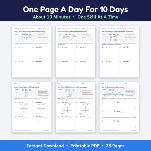 May include: Six educational maths worksheets titled One Page A Day For 10 Days, About 10 Minutes, One Skill At A Time. The pages feature arithmetic problems including addition and subtraction with regrouping, partial sums, and number lines.