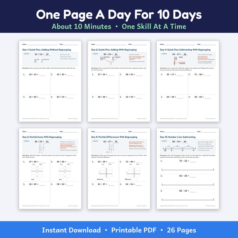 May include: Six educational maths worksheets titled One Page A Day For 10 Days, About 10 Minutes, One Skill At A Time. The pages feature arithmetic problems including addition and subtraction with regrouping, partial sums, and number lines.