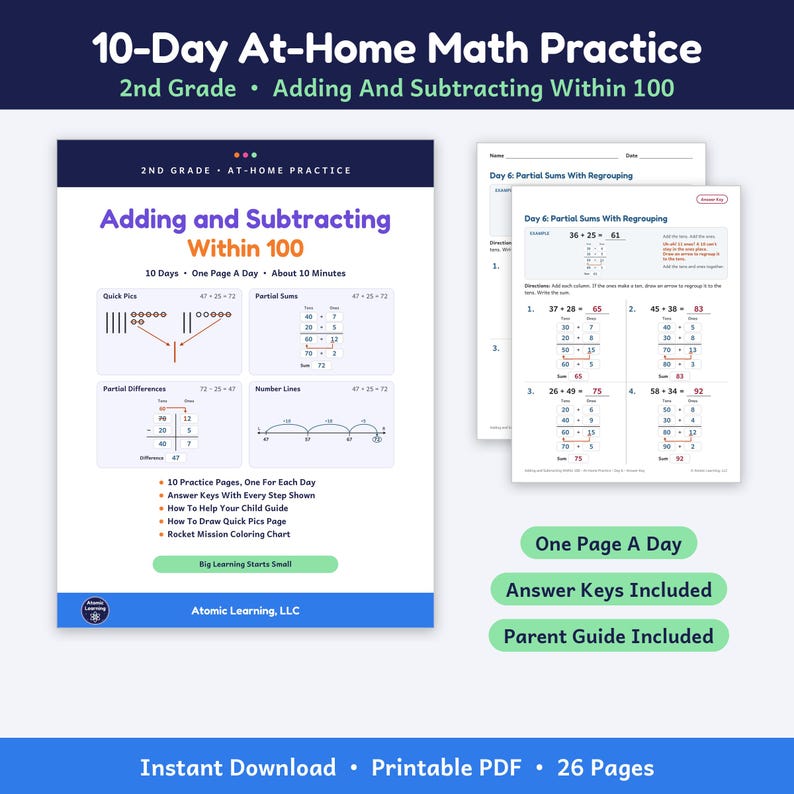 May include: A 26-page printable PDF maths practice set for 2nd grade titled 10-Day At-Home Maths Practice. The document features lessons on adding and subtracting within 100, including quick pics, partial sums, partial differences, and number lines.