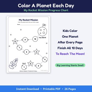 May include: A printable progress chart titled My Rocket Mission featuring a path of numbered planets and stars from one to ten, a rocket ship, and the text Colour A Planet Each Day, My Rocket Mission Progress Chart, and You Did It.