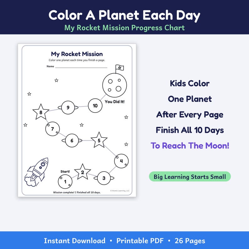 May include: A printable progress chart titled My Rocket Mission featuring a path of numbered planets and stars from one to ten, a rocket ship, and the text Colour A Planet Each Day, My Rocket Mission Progress Chart, and You Did It.