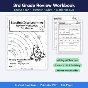 May include: A 3rd Grade Review Workbook featuring 40 daily practice sheets for maths and English language arts. The cover displays a rocket ship, planets, and the text Blasting Into Learning. Includes interior pages with maths and ELA missions.