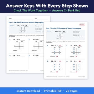 May include: Two educational maths worksheets titled Day 7: Partial Differences Without Regrouping. The pages feature subtraction problems with place value charts for tens and ones. One sheet is blank, and the other is an answer key with dark red text.