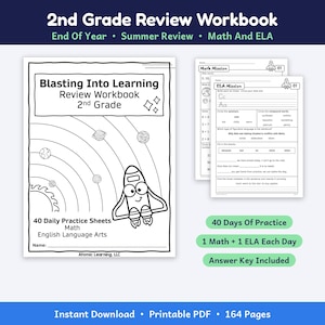 May include: A 2nd Grade Review Workbook featuring 40 daily practice sheets for maths and English language arts. The cover displays a rocket ship, planets, and the text Blasting Into Learning. Includes internal pages for maths and ELA missions.