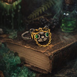 Sterling Silber Katzenring mit beweglicher Goldbrille, grünen Augen, verstellbares Band