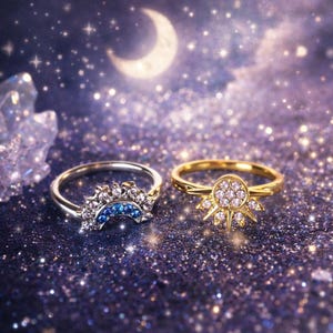 Può includere: Due anelli con disegni celesti. Un anello è argentato con una forma a mezzaluna e pietre blu. L'altro anello è dorato con un design a raggiera e pietre trasparenti. Lo sfondo è una scena notturna stellata.