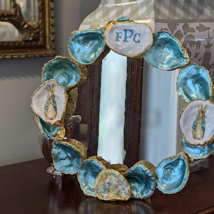 Custom oyster shell mirror with monogram and images