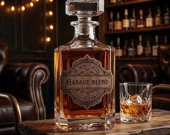 Personalized Wood Infinity Bottle Label Kit | Custom Whiskey Decanter Engraved Cork & Wood ledger.