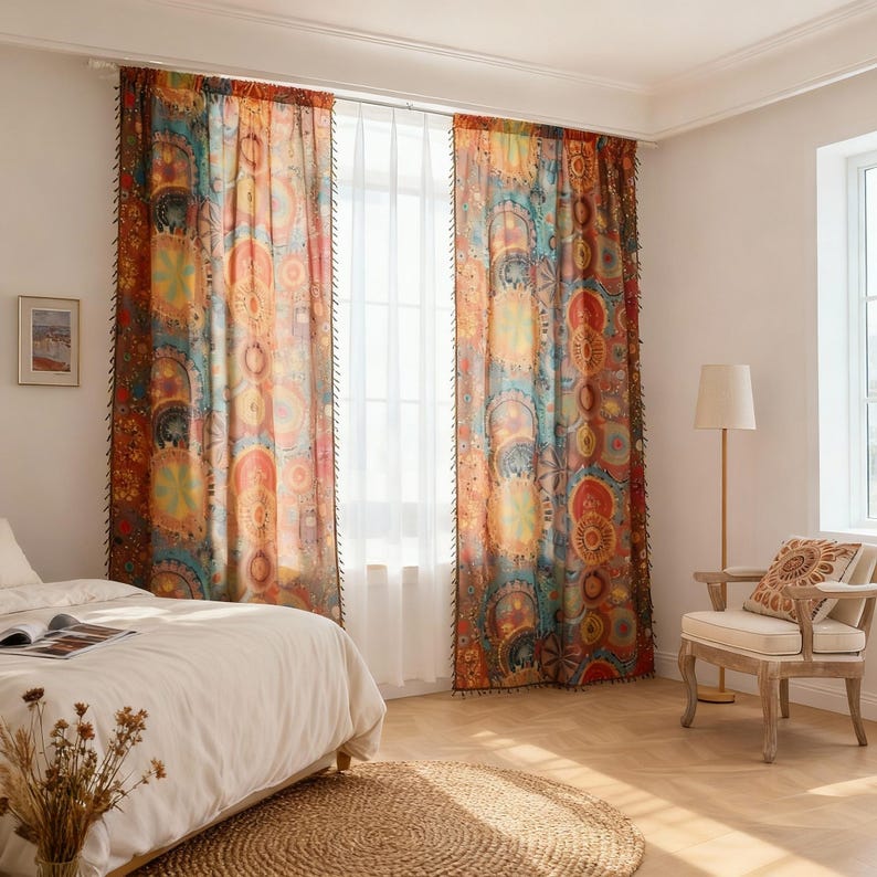 May include: Colorful patterned curtains with a bohemian design. The curtains feature a mix of orange, blue, and yellow circular patterns. The curtains are hanging in front of a sheer white curtain, adding a decorative touch to the room.