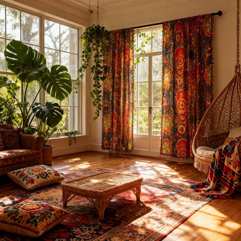 May include: A cozy living room with large windows, vibrant patterned curtains, and a woven hanging chair. The room features a low wicker coffee table, colorful floor cushions, and a patterned rug. Lush green plants add a natural touch to the space.