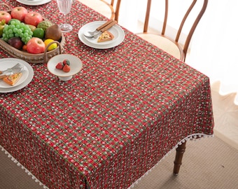 Christmas Plaid Tablecloth: Red & Green, Snowflake Details, Farmhouse Decor