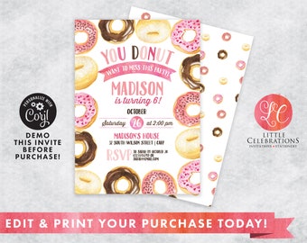 Donut Birthday Invitation, Donut Party Invitation, Donut Editable Invitation, Printable Donut Birthday Invitation, Digital Donut Invitation