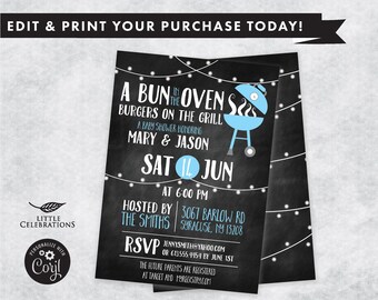 EDITABLE Baby Shower Invitation - Bun in the Oven Burgers on the Grill, Baby BBQ, Blue Baby Shower Invitation, Couples Baby Shower, Corjl