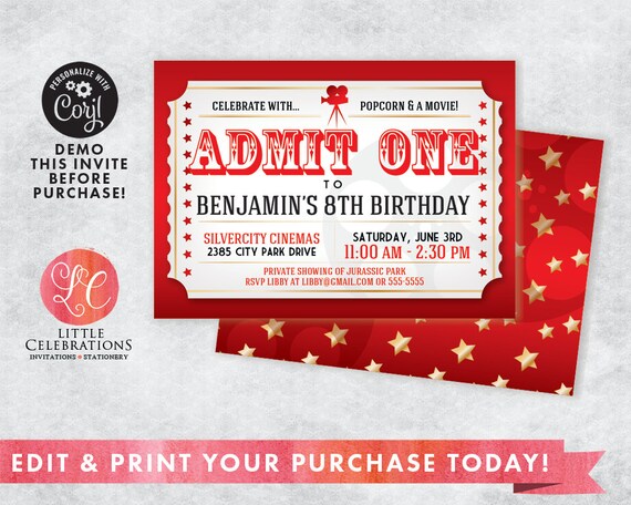 movie night birthday invitation movie ticket invitation night at the movies invitation kids night at the movies editable invitation movie ticket invitation