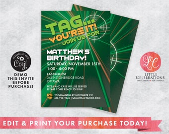 DIGITAL DOWNLOAD Green Laser Tag Birthday Invitation, Laser Tag Party, Pre-Teen Birthday Invitation, Boys Birthday Invitation