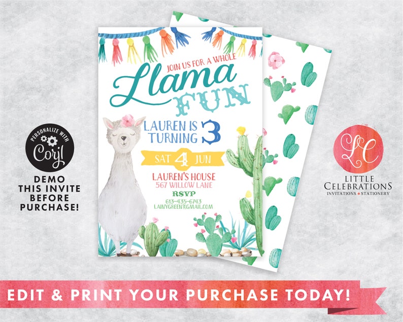 Llama Fun Editable Instant Download Birthday Invitation Llama image 1
