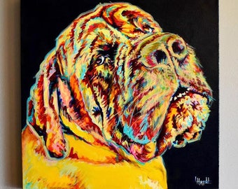 Pode incluir: Uma pintura colorida da cabeça de um cão. O cão tem uma pelagem curta, marrom e amarela com um nariz preto e olhos azuis brilhantes. O fundo é preto.