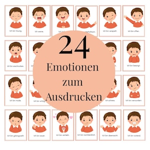 Emotiekaarten voor kinderen – 24 emotiekaarten om af te drukken | Duits | Emoties leren | Kinderdagverblijf, school, thuis | PDF downloaden