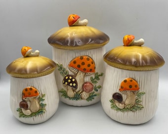 Vintage Sears Roebuck Merry Mushroom Ceramic Canister Set 3 Piece Retro 1970s