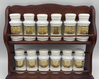 Vintage Wooden Spice Rack with 12 Milk Glass Spice Jars
