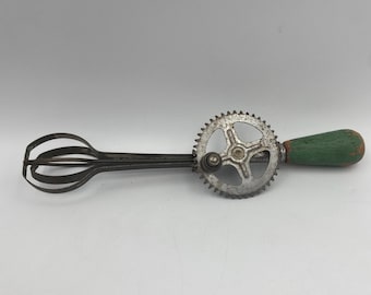 Vintage Antique Rustic A&J Green Wood Handle Egg Beater Hand Mixer Farm Decor