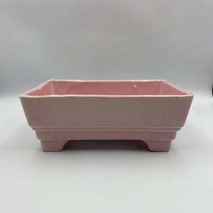 May include: A rectangular light pink ceramic planter with a stepped base design. The exterior walls feature three circular embossed patterns. The planter has a wide, open top and four short, sturdy feet, providing a stable foundation for the vessel.